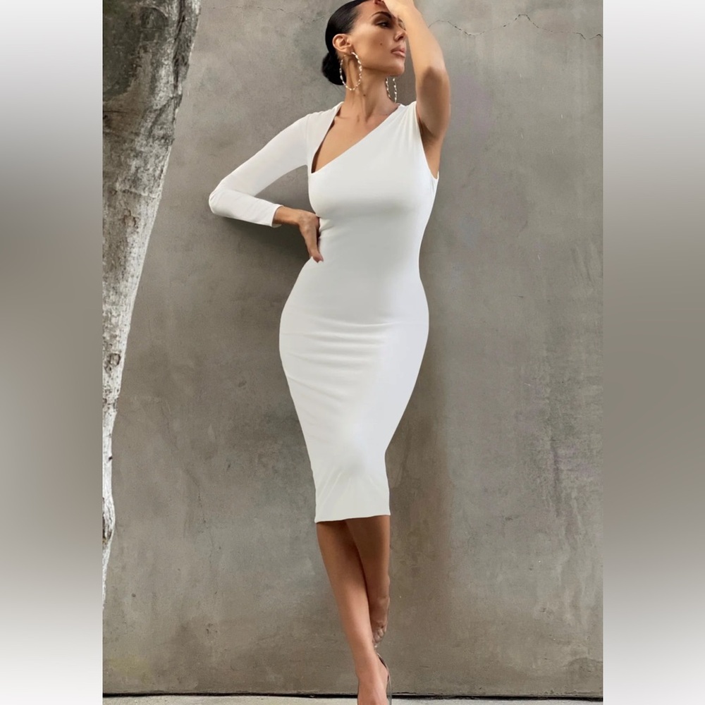 Club L London White One Shoulder MIDI Dress (M)